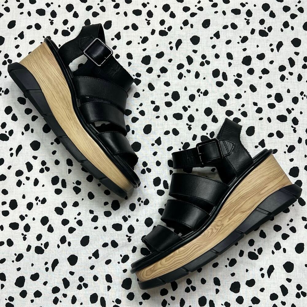 Sorel | Joanie III Black Leather Platform Wedges Heeled Comfortable Sandals 8.5